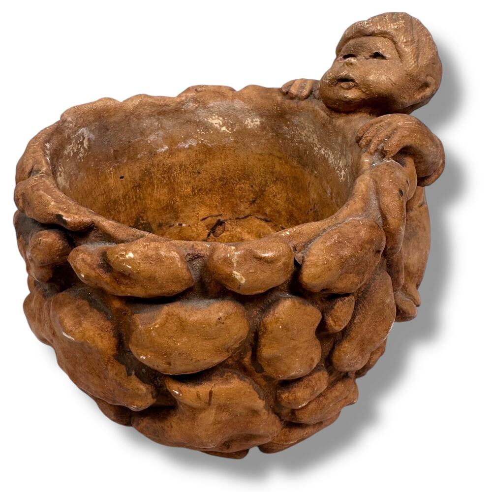 Vintage Dave Grossman Pottery Boy Planter 5.5" Brown Textured Sculpture Figural